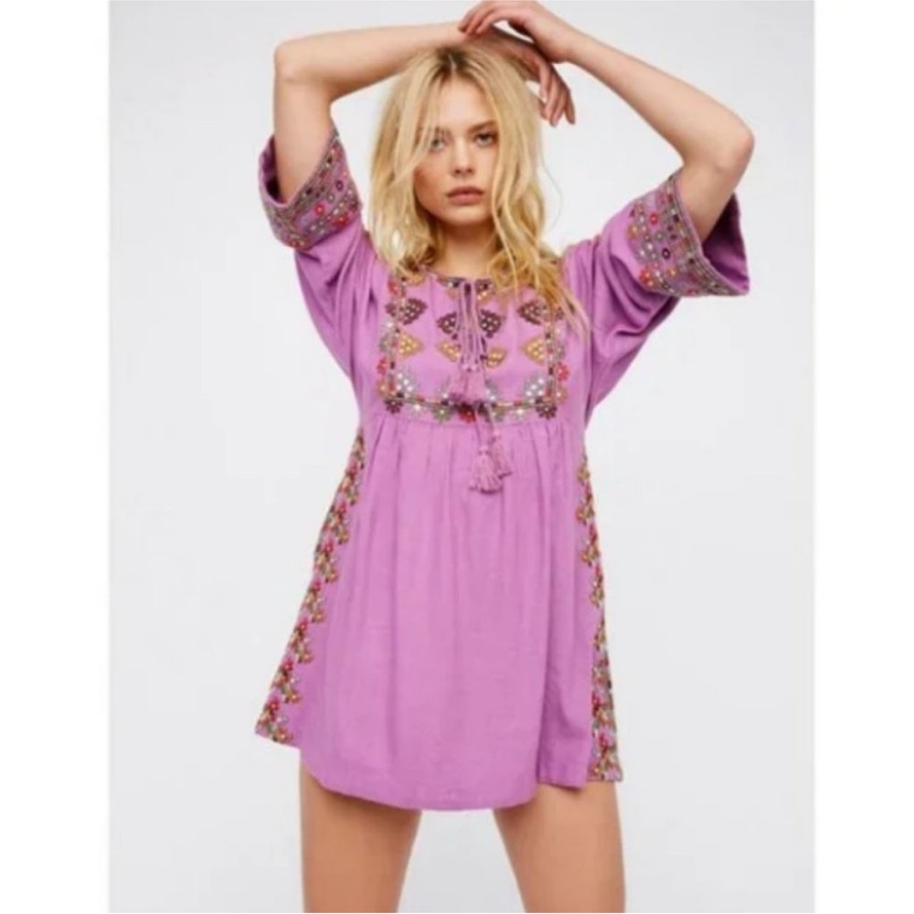 Free People Purple Embroidered Mini Dress